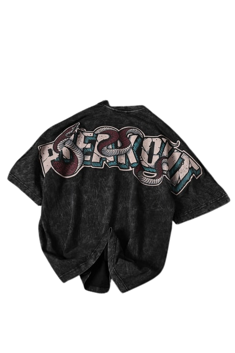 Antrasit Snake Baskı Özel Yıkamalı Kumaş Oversize